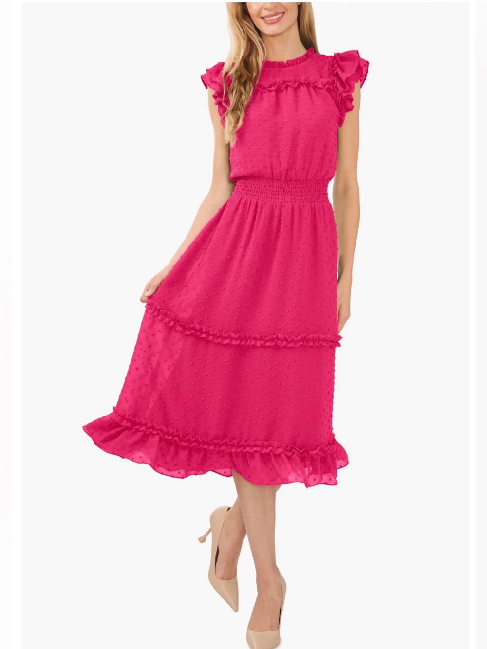 CeCe Hot Pink Ruffle Tiered Dot Dress